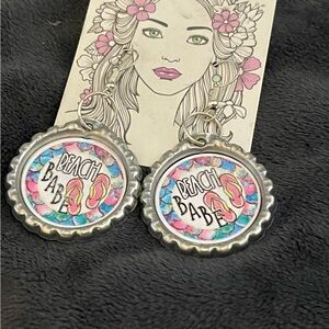 Beach Babe Bottle Cap Dangle Earrings - Pink & Blue